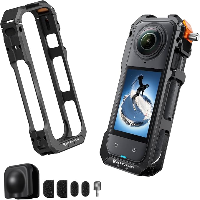 K&F Concept Standard Camera Cage Compatible with Insta360 X5, Aluminum Alloy Protective Frame Case with Silicone Lens Cover |1/4" Screw Hole | 2 Cold Shoe Mounts for Microphone and LED Video Light