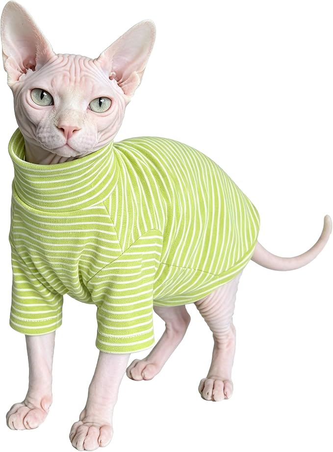 Sphynx Cat Clothes for Cats Only, Narrow Striped Sphynx Shirt Clothes T-Shirts Sweatshirt with Sleeves, Soft Kitten Sphinx Clothes Pet Apparel Devon Rex,Cornish Rex,Peterbald,Green,L