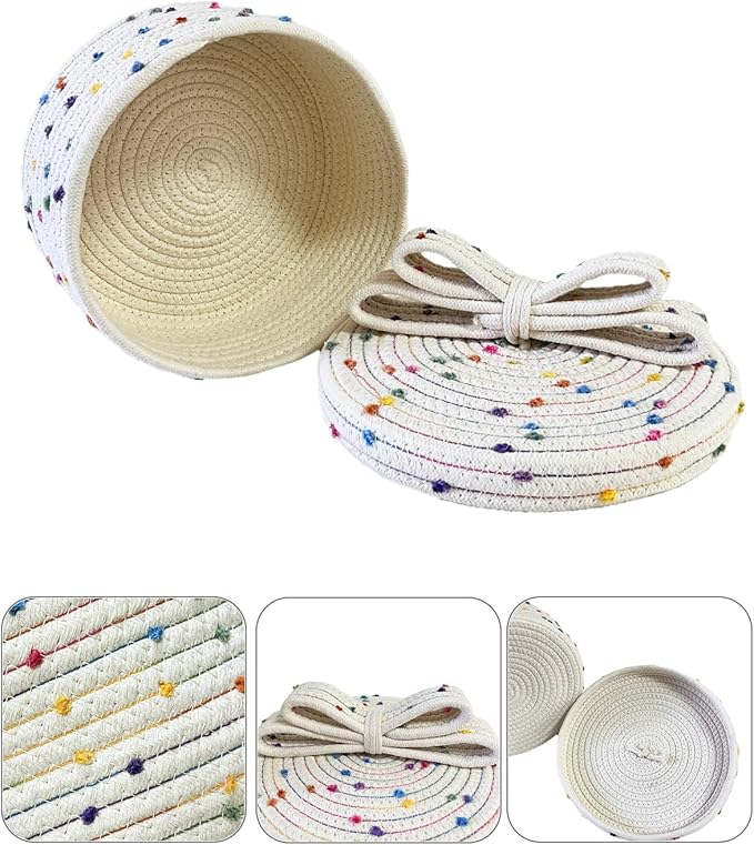Small Storage Baskets with Lids, Round Woven Rope Basket with Lid, Cute Storage Box for Small Toy, Gift or Home Decor, Decorative Basket with Rainbow Pom-pom & Cute Bow Handle (rainbow)