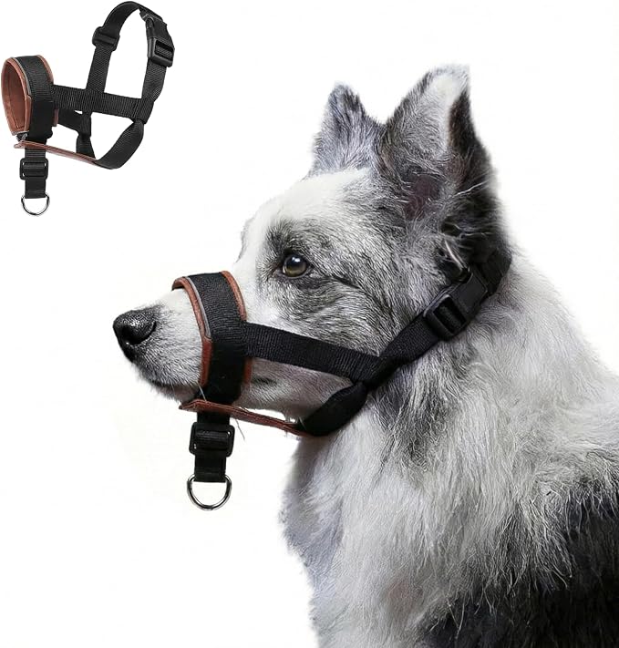 Dog Muzzle,Adjustable Loop Pets Muzzle Soft Leather Protect Skin Puppy Muzzles Prevent Biting Chewing Barking Allow Panting Drinking,Not Include Dog Collar (Brown, Small)