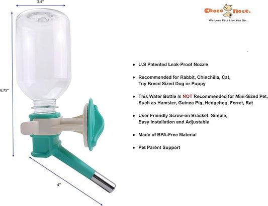 Choco Nose Patented No-Drip Water Bottle/Feeder for Puppies/Toy-Small Breed Dogs/Rabbits/Cats/Chinchillas and Other Small Pets and Animals - for Cages or Crates 10.2 oz. Nozzle 13mm, Aqua (C528)