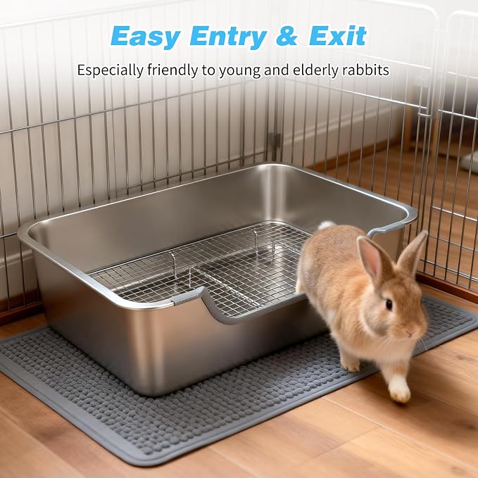 YUEPET 4-in-1 Large Rabbit Litter Box, Non-Slip Stainless Steel Litter Boxes with Sifting Grid & Hay Feeder Food Bowl, Easy Cleaning Bunny Litter Box with Odor Control for Rabbits Small Pets（L）