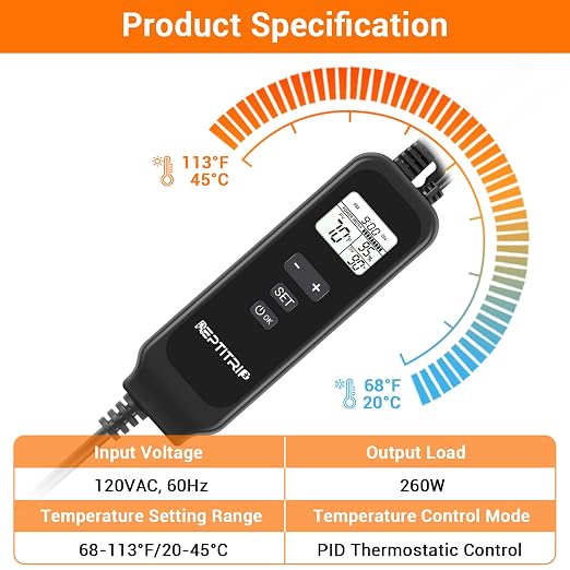 Reptile Dimming Thermostat, Adjustable Day and Night Temperature, Thermostat for Reptile Heat Lamp Heat Pad, PID Temperature Controller, Memory Function, ℉/℃ (Model: PT02A)
