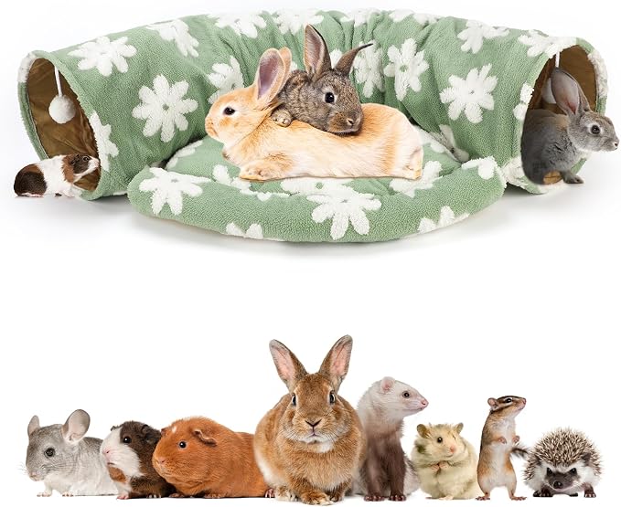 BWOGUE Bunny Tunnel Bed, 2-in-1 Collapsible Tunnel Tubes Toys with Removable Mat Hideout for Cats Kittens Rabbits Guinea Pigs Kitty (Flower Green)