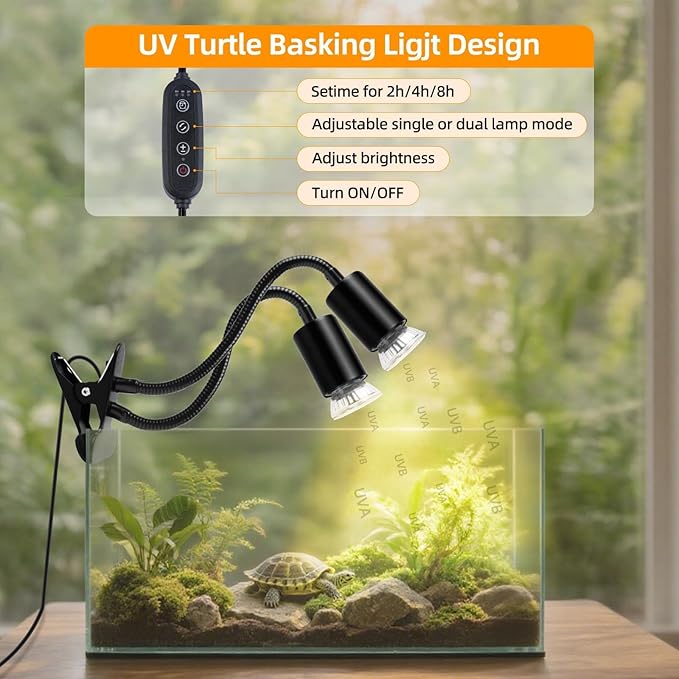 Turtle Basking Light (Cycle Timer), Tortoise Lamp UVA UVB Heat Bulbs -2 Pack 50W+ 2 Pack 25W, 360°Rotatable Turtle UVA/UVB Basking Heat Light Bulb for Lizard, Beared Dragon