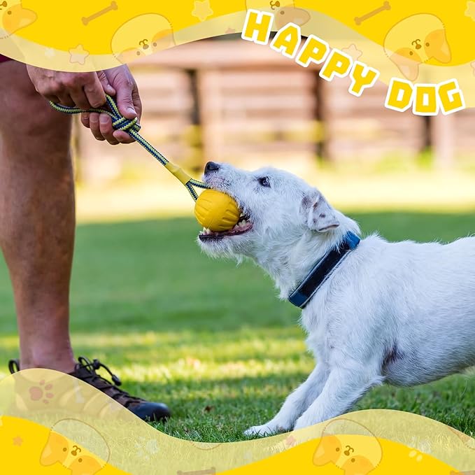 Hsei 2 Pcs Medium Dog Ball on a Rope Rubber Dog Toy with Handle Ball Yellow Floats in Water for Tug Training Rewards Interactive Pet Fetch Catch Throw Outdoor Puppy Teething Medium Pet