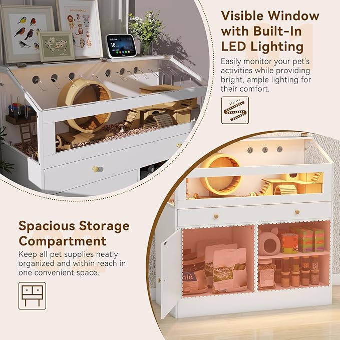 Hamster Cage with Storage Cabinet Small Animal Cage, Easy View Acrylic Panels, Large Habitat for Hamsters, Guinea Pigs, Rabbits, Hedgehogs
