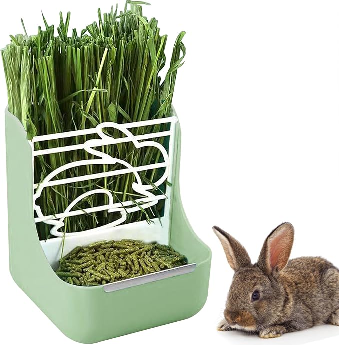 Rabbit Feeder, Hay Food Bin Feeder, Adjustable,Removable Grass Rack, Stainless Steel Edge, for Rabbit, Guinea Pig, Chinchilla (Green)
