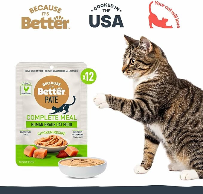 Because It’s Better Pate Complete Meal - Wet Cat Food - Real Chicken Recipe - Organic, Balanced, Smooth Pate Texture, Human-Grade Ingredients, Grain Free, 2.6 oz Pouches (12 Count)