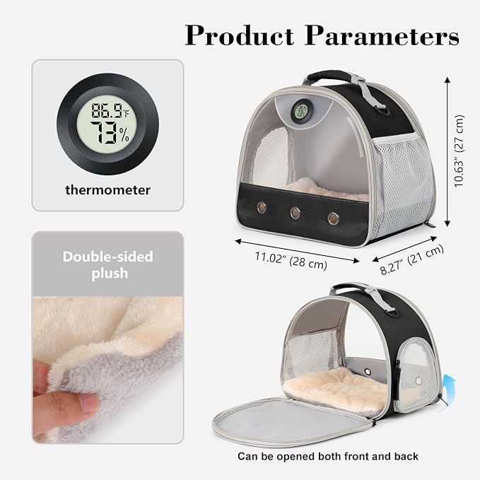 Bearded Dragon Travel Backpack Carrier with Reptile Thermometer and Humidity Gauge Lizard Travel Cage Space Capsule Clear Bubble Window Astronaut Reptile Bag for Ball Python (Black, Carrier)