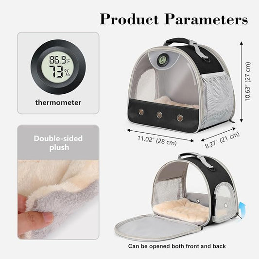Bearded Dragon Travel Backpack Carrier with Reptile Thermometer and Humidity Gauge Lizard Travel Cage Space Capsule Clear Bubble Window Astronaut Reptile Bag for Ball Python (Black, Carrier+I LSH)
