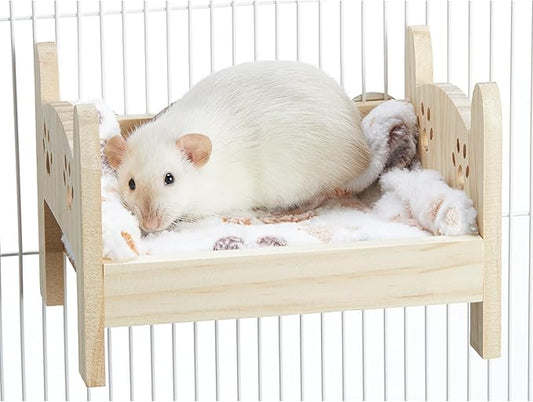Wooden Rat Bed, Rat Hammock for Cage Chew Proof, Pet Rats Cage Accessories Hanging Bed, Safe and Cozy Rodent Hammock with Removable Nest Mat for Small Animal Hamsters Mice Sleeping