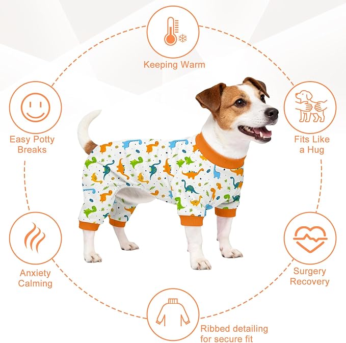 Dog Pajamas for Small Medium Dogs Recovery Suit Dog Pjs Dog Onesie Cute Soft Breathable Puppy Pajamas Pet Spring Summer Stretchy Pjs for Boy Girl - Orange Dinosaurs