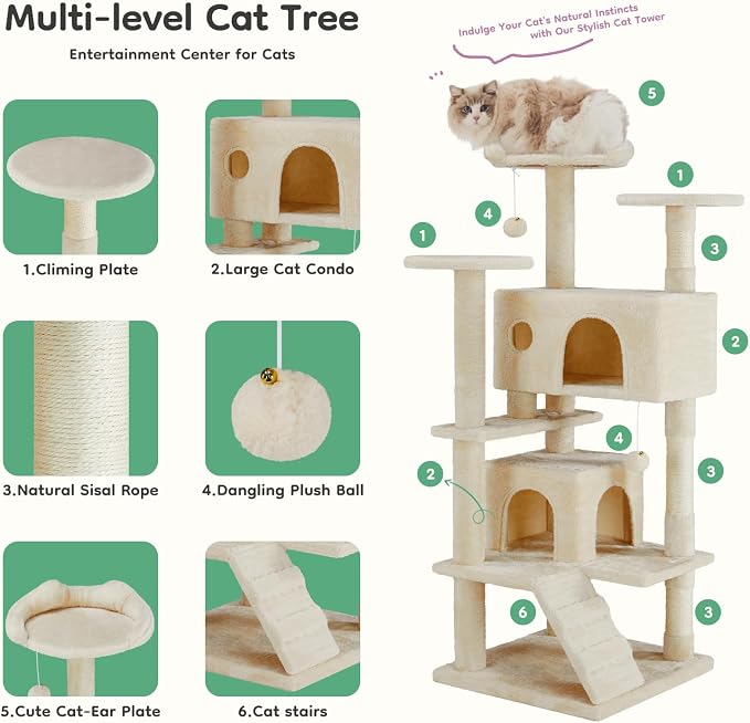 DUMOS 54 Inch Indoor Cat Tree Tower with Scratching Posts, Multi-Level Pet House for Large Cats with 2 Condos, Round Platform, Small Ladder, and Toys – Perfect for Cats of All Ages, Beige