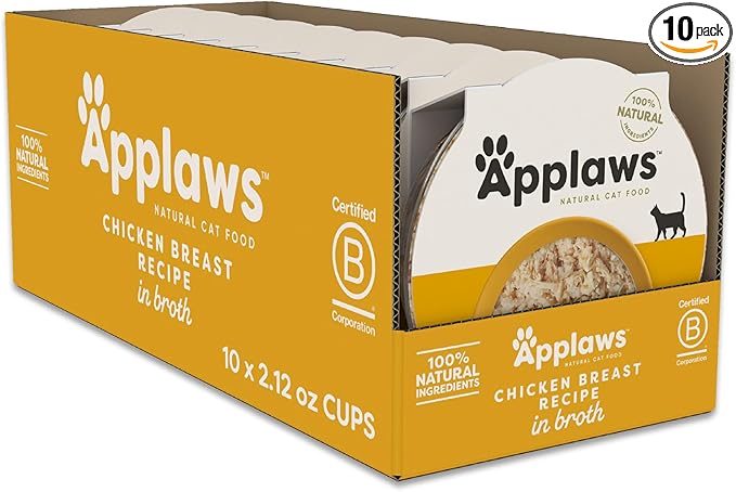 Applaws Natural Wet Cat Food in Broth, Limited and Natural Ingredients, High Protein with No Artificial Additives, Chicken Breast in Broth (10 x 2.12 oz Easy-Open Cups)