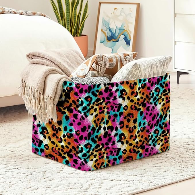 56L Leopard Print Laundry Basket Clothes Hamper with Handles,Foldable Blanket Storage Large Laundry Hamper with Waterproof PE,Toy Storage Bin Organizer,Cube Clothes Organizer,Home Decor