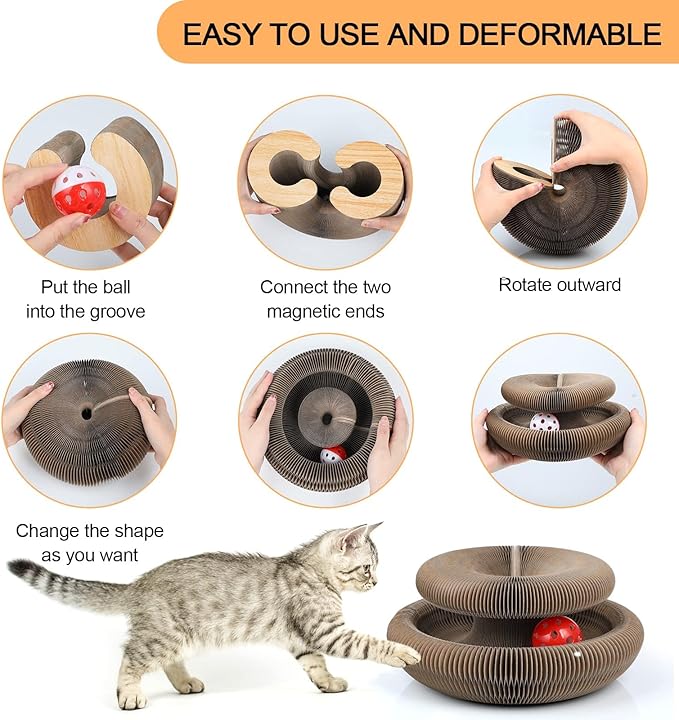Magic Organ Cat Scratching Board, Interactive Scratch Pad with a Ball, Cat Scratcher for Grinding Claw, Recyclable and Durable, Furniture Protector, Retractable, Brown, Reversible