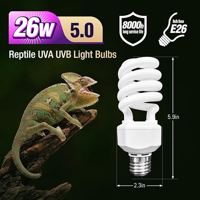 Leoterra 26W 5.0 Reptile UVB Light Bulb, Tropical UVA/UVB Full Spectrum Lamp for Green Anoles, Blue-Tongued Skinks & Leopard Geckos Large Terrarium, Last Long and Stable Output(E26 110V)