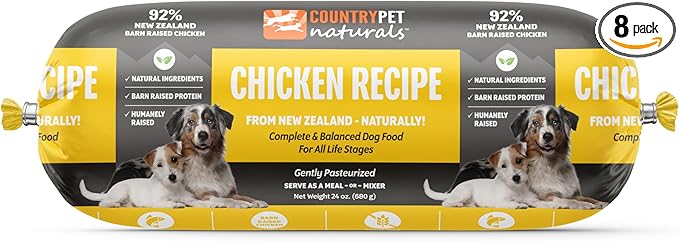 New Zealand Chicken Frozen Fresh Dog Food, High-Protein 91% Grass-Fed Free-Range Meat, Gently Cooked, Grain-Free, Omega-3s, 8 Rolls (12 lb Case)