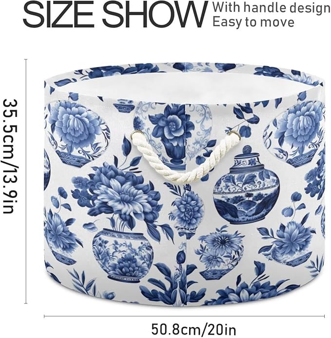 Blue White Floral Print Round Storage Basket Chinoiserie Vase Flower Large Laundry Hamper 20 x 20 x 14 Inches Organizer Bin with Handles Clothes Storage Bag for Nursery Bedroom Living Room Decor