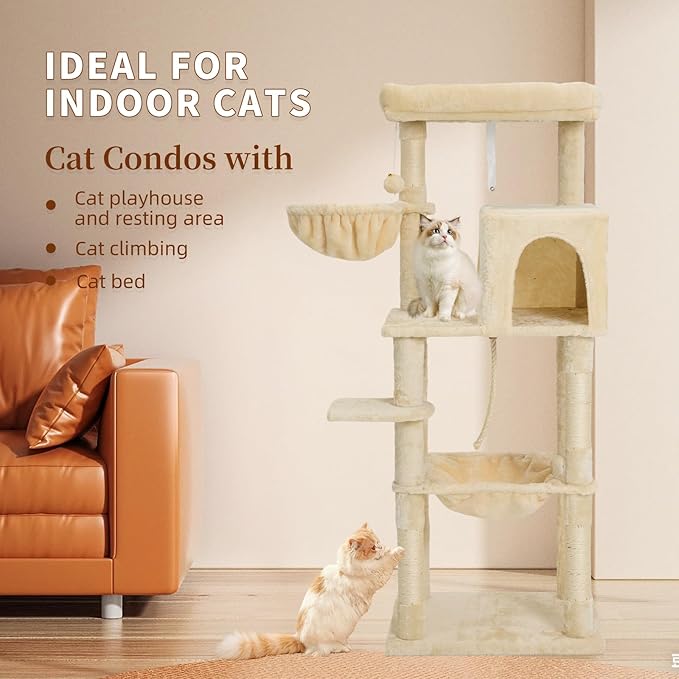 56.2 Inch Cat Tree Condo, Multi-Level Tower with Sisal Scratching Post, Cat House, Plush Toy & Indoor Play Gym (Beige)