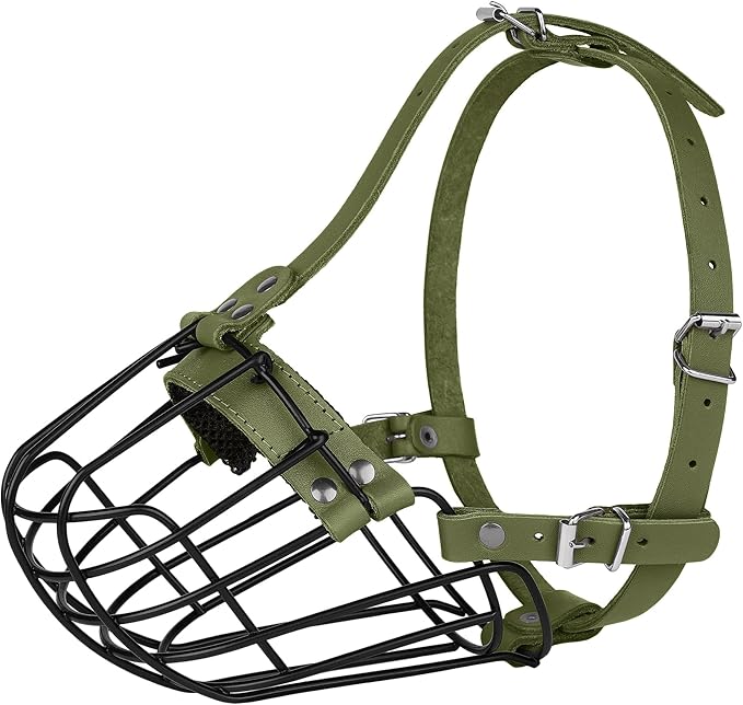 Pitbull Dog Muzzle Breathable Metal Basket for Large Dogs Amstaff Staffordshire Terrier Secure Wire Mask Adjustable Durable Leather Straps Biting Chewing Barking (Olive)