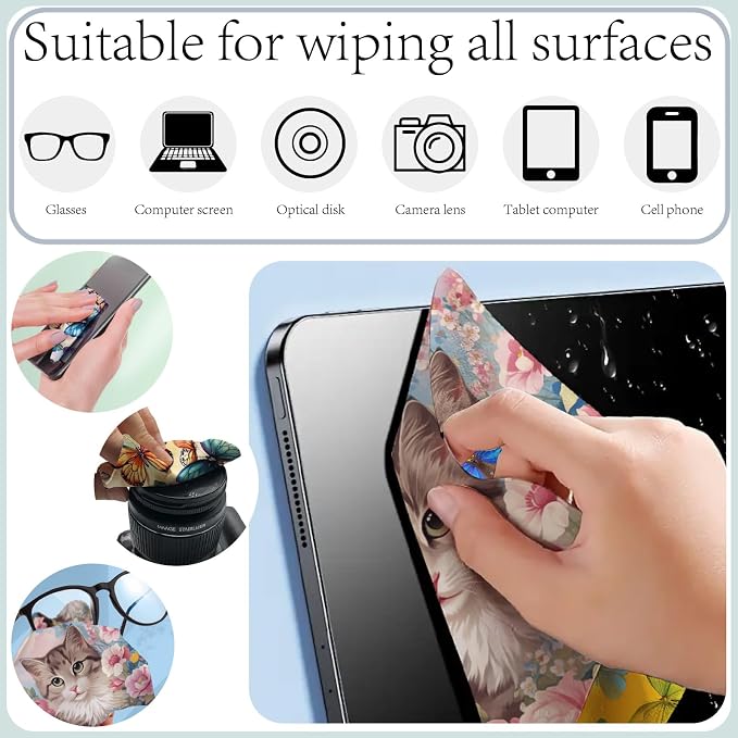 CREATCABIN 6Pcs Cleaning Cloth for Eyeglasses Microfiber Cleaning Cloth Cat Glasses Cleaner Wipes Microfiber Reusable Glass Clean for Phone Tablets Lens Laptops Cameras Screens 6x6Inch