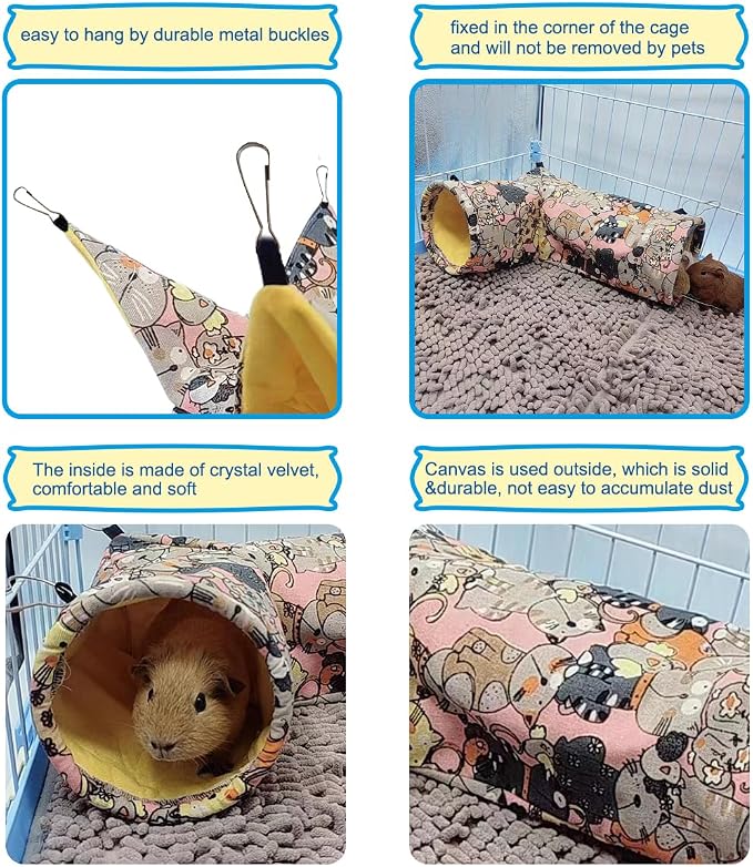 Guinea Pig Rat Tunnel Ferret Hammock, Small Animal Corner Tunnel & Tubes & Bed for Hedgehog Piggy Chinchilla Hideout Toys and Cage Accessories (Pink Cat)