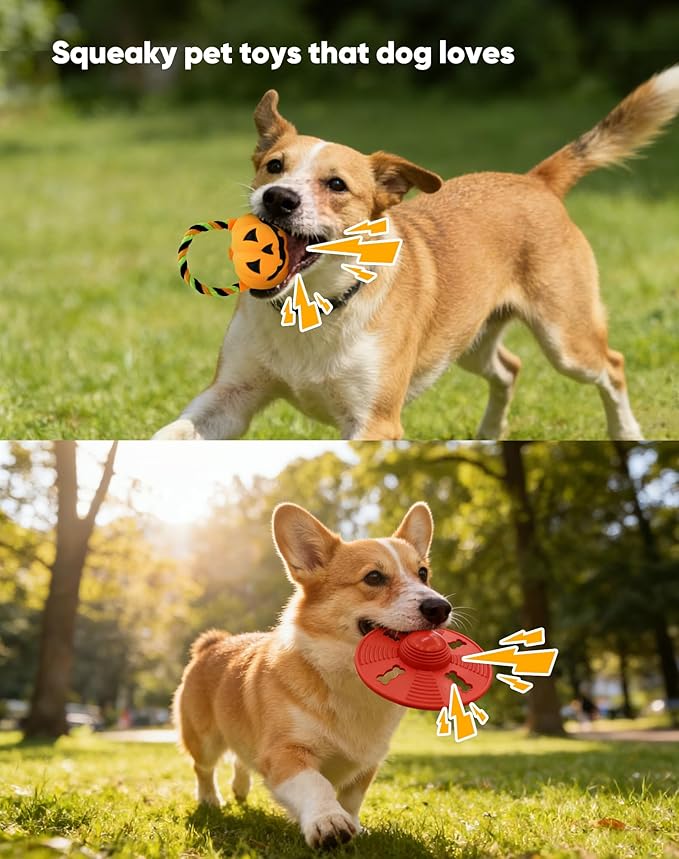 Deeow Alieen Dog Frisbee for Fetch, Teething Clean Outdoor Flying Disc, Interactive Squeaky Dogs Toy for Outdoor Pool Park Beach, Extra Gift Orange Jack-o-Lantern/Halloween Pumpkin Pet Toy