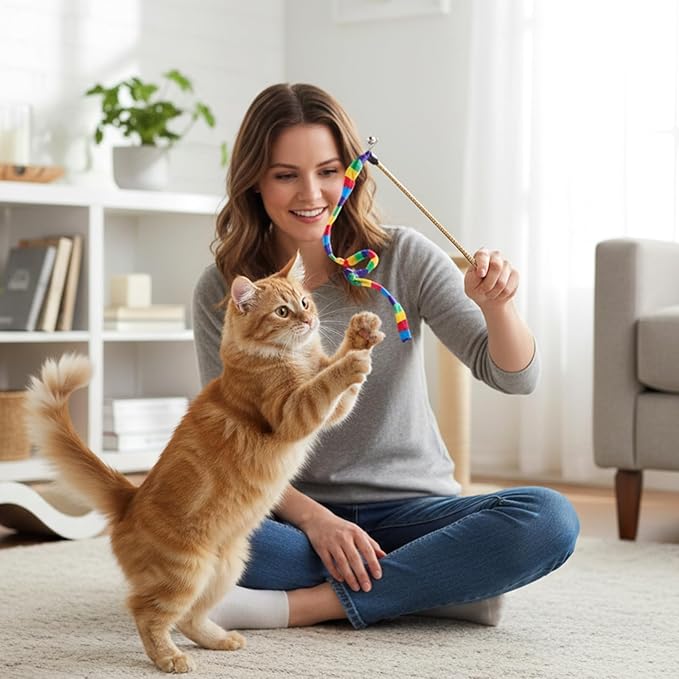 2 Pcs Interactive Cat Rainbow Wand Toys, Colorful Ribbon Teaser with Bells Plush String Toy for Bored Indoor Cats Kittens, Extended Length 15.35in Sturdy Pole for Exercise Keep Fit