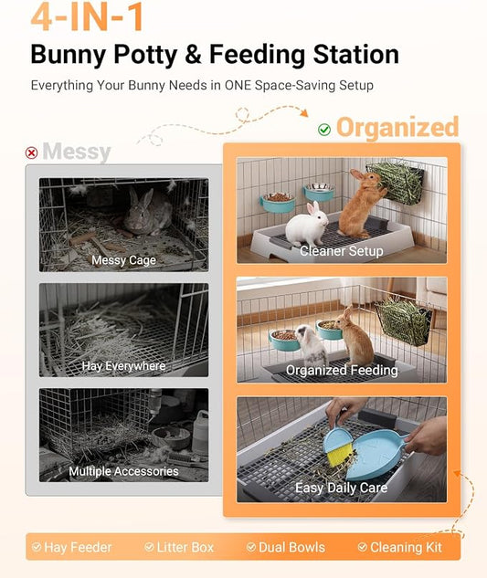 4-in-1 Rabbit Litter Box & Hay Feeder for Bunny and Guinea Pig, Upgraded Bunny Litter Box with 2 Stainless Bowls, Dustpan & Broom – Rabbit & Guinea Pig Accessories