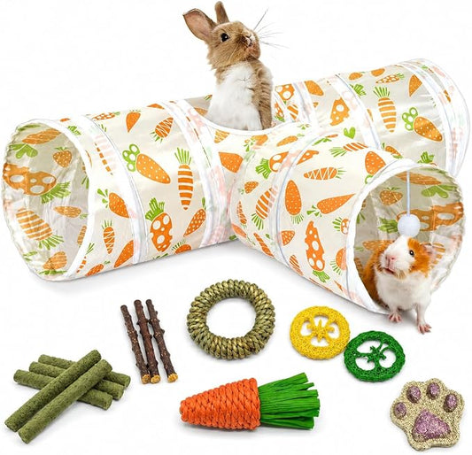 Rabbit Tunnel Toy, Collapsible 3-Way Hideout Tunnel with Chew Toys for Rabbits, Guinea Pigs, Ferrets, Kittens & Small Pets - Orange & White Carrot Design (33"x20"x9.5")
