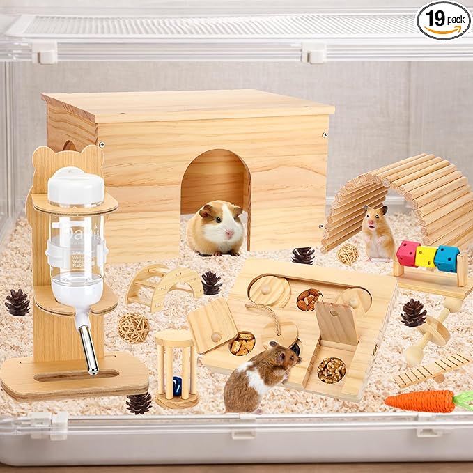 Leinuosen 19 Pcs Hamster Cage Accessories Toy Set Large 12*9*7 Inch Wood House with Window and Water Bottle with Stand Foraging Toy Hideout Hamster Climbing for Starter Guinea Pig Small Animal Habitat