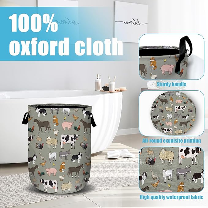 Funny Farm Animal Laundry Basket, Laundry Hamper Collapsible Oxford Cloth with Handle Clothes Storage Bin for Bathroom Laundry Room Bedroom 15.7 X 20 Inch