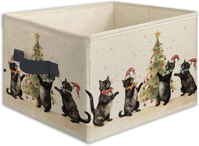 Black Cat Christmas Tree Foldable Storage Bins Box with Handles, Black Cat Mom Lovers Gifts for Women, Christmas Kitten Collapsible Toys Books Clothes Organizer Basket for Bedroom Bathroom