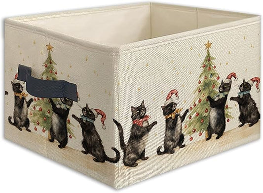 Black Cat Christmas Tree Foldable Storage Bins Box with Handles, Black Cat Mom Lovers Gifts for Women, Christmas Kitten Collapsible Toys Books Clothes Organizer Basket for Bedroom Bathroom