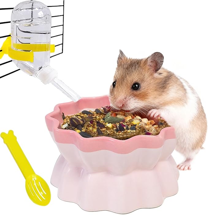 Ceramic Hamster Food Bowl Elevated Hamster Bowl Non-Tip Rat Feeding Dish with Water Bottle for Dwarf Gerbil Mouse Mice Sugar Glider (Pink)
