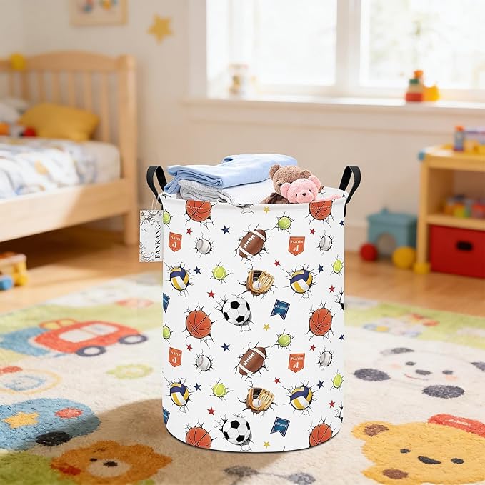 Storage Basket, Nursery Hamper Canvas Laundry Basket Foldable with Waterproof PE Coating Large Storage Baskets for Kids Boys and Girls, Office, Bedroom, Clothes,Toys(3D Sports Balls)