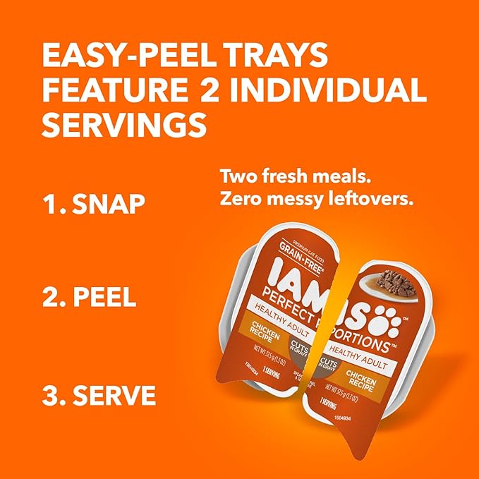 IAMS Perfect Portions Healthy Adult Wet Cat Food Cuts in Gravy, Chicken Recipe, 2.6 oz. Easy Peel Twin-Package Trays (, 48 Servings), 24 Count (Pack of 2)