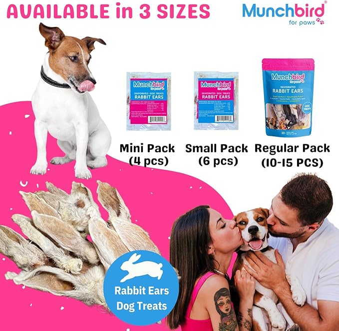 Munchbird Dehydrated Rabbit Ears 100g (3.5 oz) 12-15 pcs for Dogs, European Furry Rabbit Ear Natural Fiber for Pets, Rawhide Free Alternative to Pig Ears Dog Treats, Ear Size Varies
