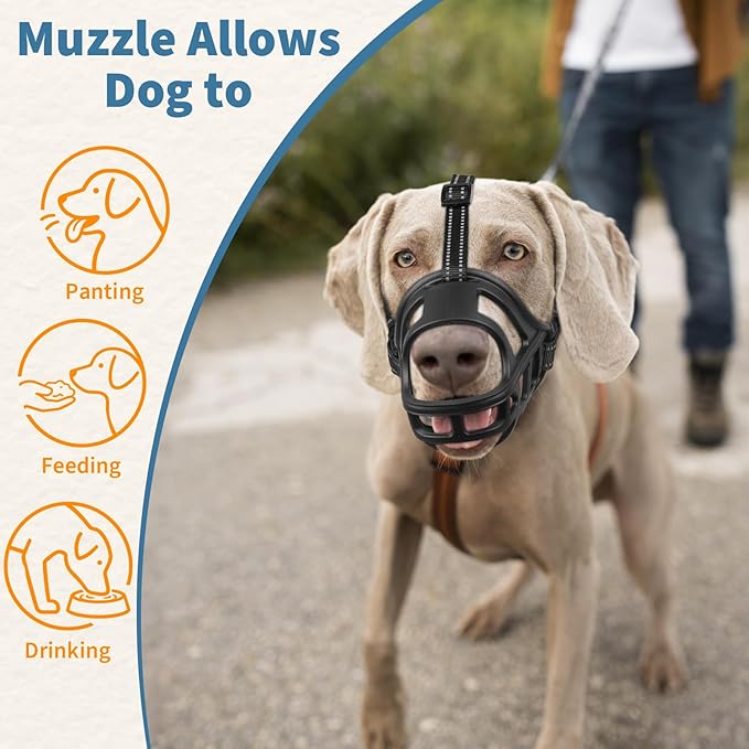 BARKLESS Dog Basket Muzzle for Medium & Large Dogs, Humane Cage Muzzle Prevent Biting Scavenging, Breathable Open Front Mouth Cover with Reflective Strap for Training, Walking Vet Visits (Black, S)