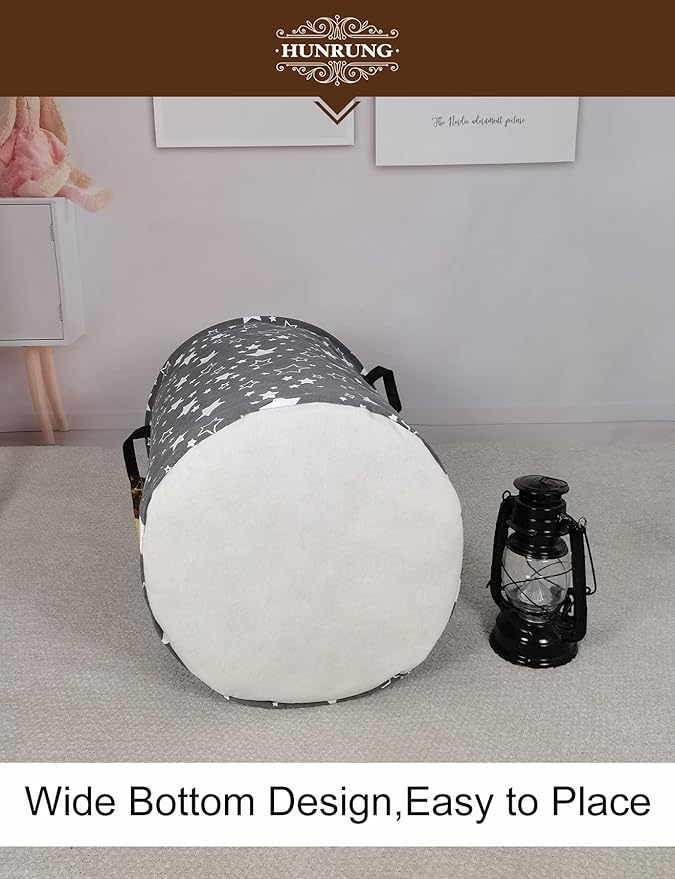 Laundry Hamper,Large Canvas Fabric Lightweight Storage Basket Toy Organizer Dirty Clothes Collapsible Waterproof for College Dorms, Children Bedroom,Bathroom（Round star）