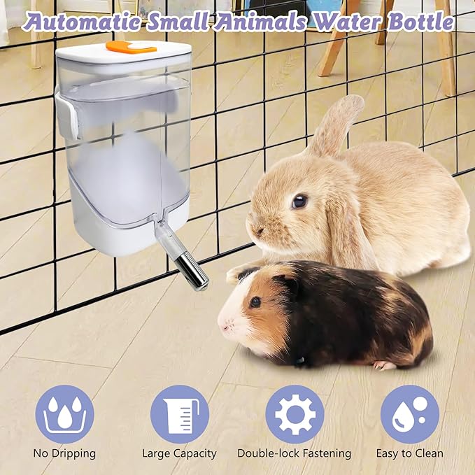 24oz Automatic Rabbit Water Dispenser for Cage Hanging Guinea Pig Water Bottle No Drip Bunny Water Feeder for Ferret Rat Hamster Chinchillaand Other Small Animals (White)