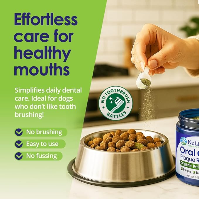 Dog Teeth Cleaning Powder, Dog Plaque and Tartar Remover, Bad Breath Treatment for Dogs with USDA Organic Sea Kelp Powder, Dog Dental Care Made Easy, for All Ages, 6oz