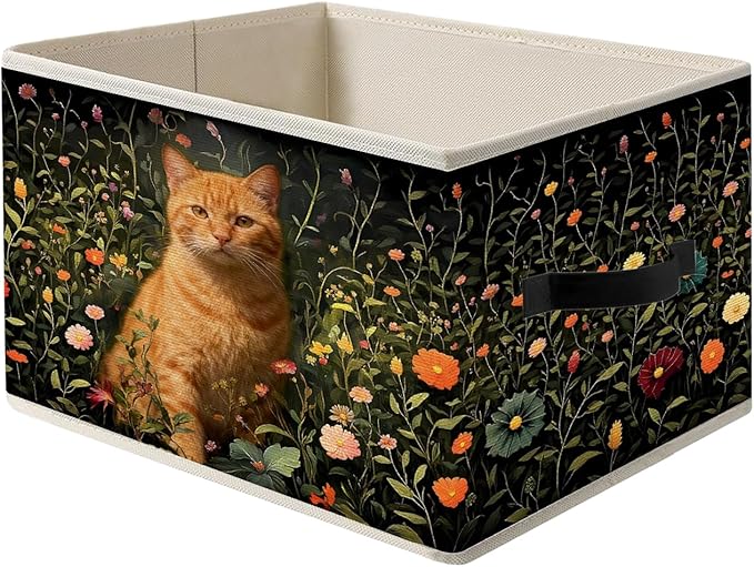 Dark Green Wildflower Orange Cat Storage Bins, Cottagecore Floral Botanical Cat Foldable Closet Organizers Storage Basket Toybox for Clothes Bed Sheets Blankets Toys