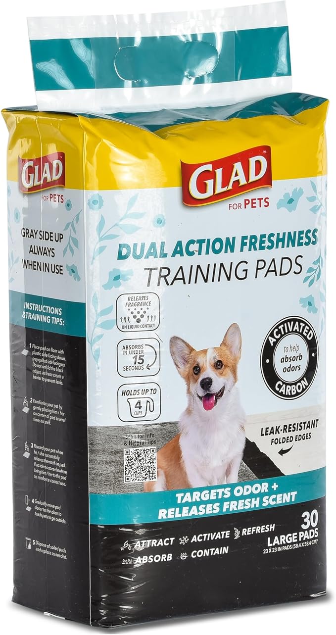 Glad for Pets Dual Action Freshness Activated Carbon Puppy Pads, Fragrance Release, Scented Odor Control, 6-Layer Leak-Proof, Pheromone Attractant, 23 x 23 Inch, 30 Count