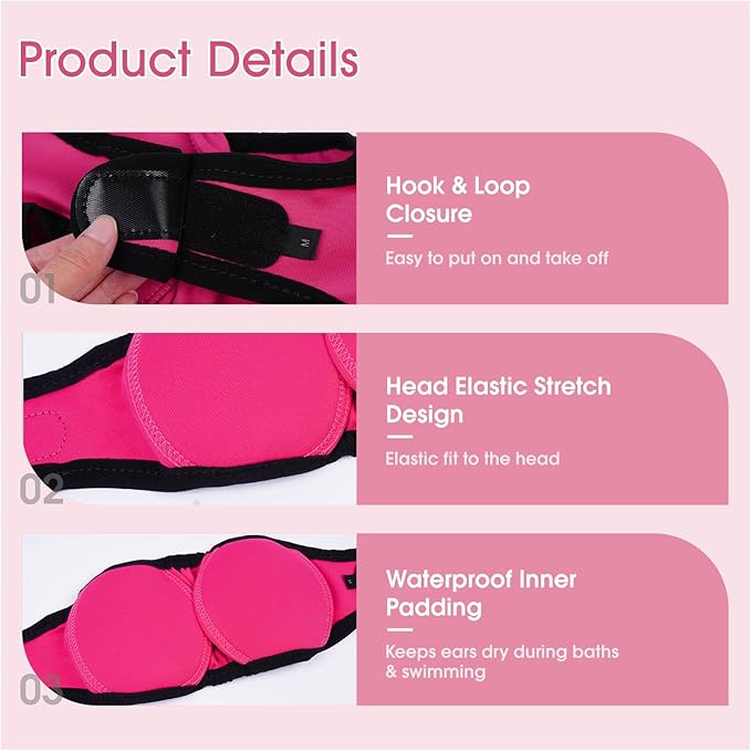 Dog Calming Hoodie Water Resistant,Adjustable No Shake Ear Wraps for Dogs,Anxiety Relief & Noise Protection,Pet Ear Cover Muffs for Swimming,Firework,Grooming,Thunderstorms,Bathing,Rosered,S