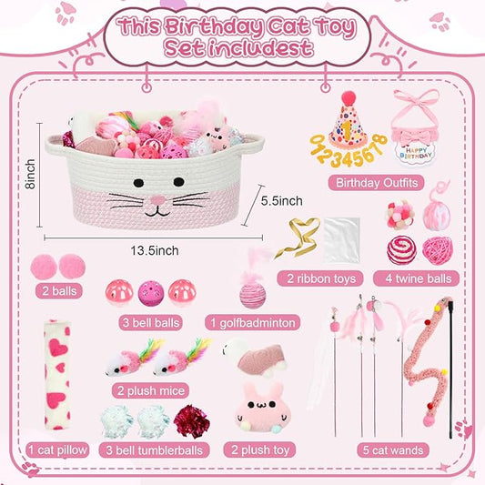 Zopeal Mother’s Day Cat Toy Set Interactive Cat Toys Pack Including Feather Teaser Wand Plush Gift Outfit Mice Crinkle Balls and Pet Bell Balls, Puzzle for Indoor Cats Gift Basket for Kitten(Pink)
