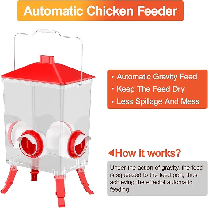 ZenxyHoC 3.6 Gal Chicken Feeder with Anti-Roost Cone, 3 Height Adjustable Locking Legs and 4 No-Waste Ports for Backyard Flock