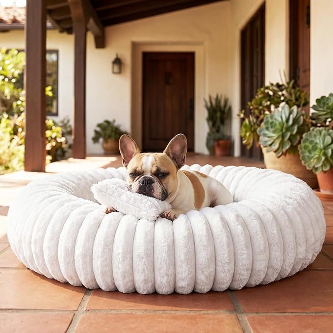 Self Warming Pet Bed, Donut Dog Bed for Small & Medium Dogs, Self-Heating Pet Bed with Non-Slip Bottom, Winter Comfort Dog Beds for Puppies, Washable & Portable Egg Tart Shape (M)